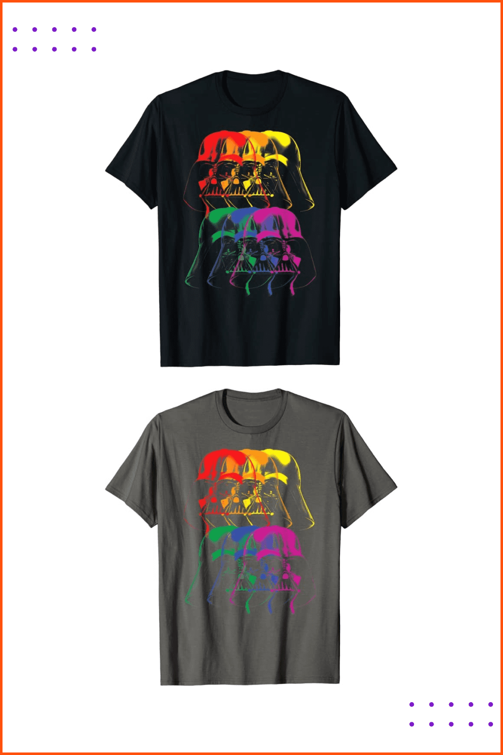 T-shirt with Darth Vader helmet in rainbow colors.