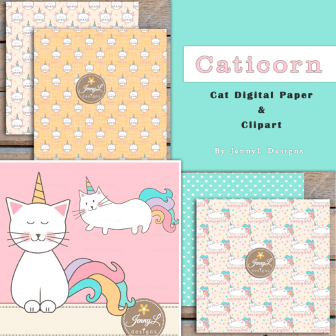 Caticorn Cat Digital Paper & Clipart.