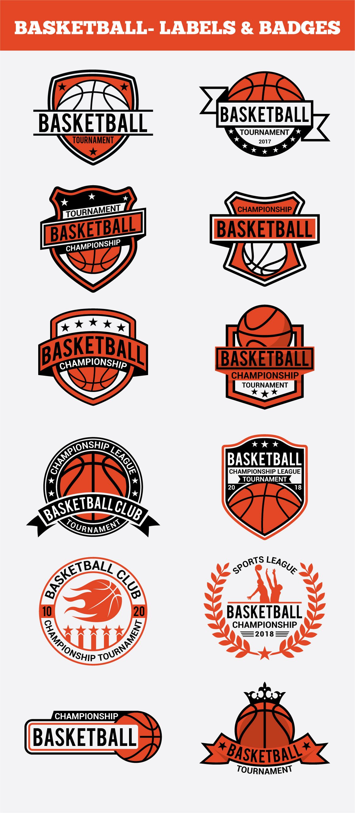 Red basketball logos in different shapes.