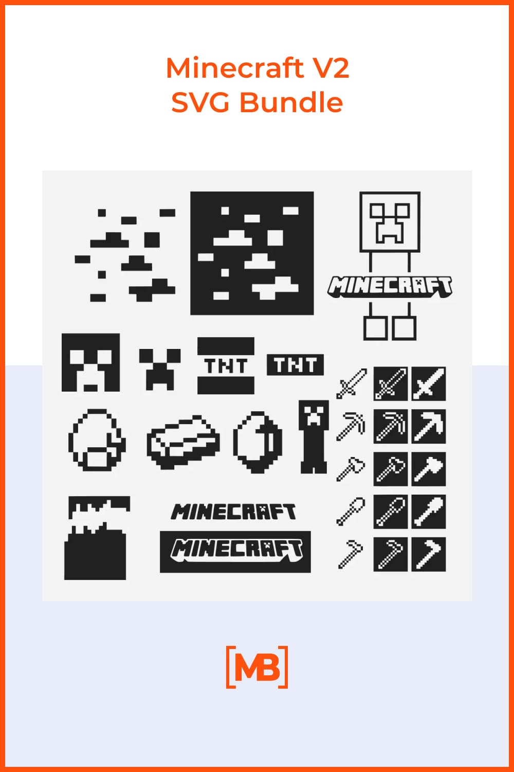 Black and white icons of Minecraft tools.