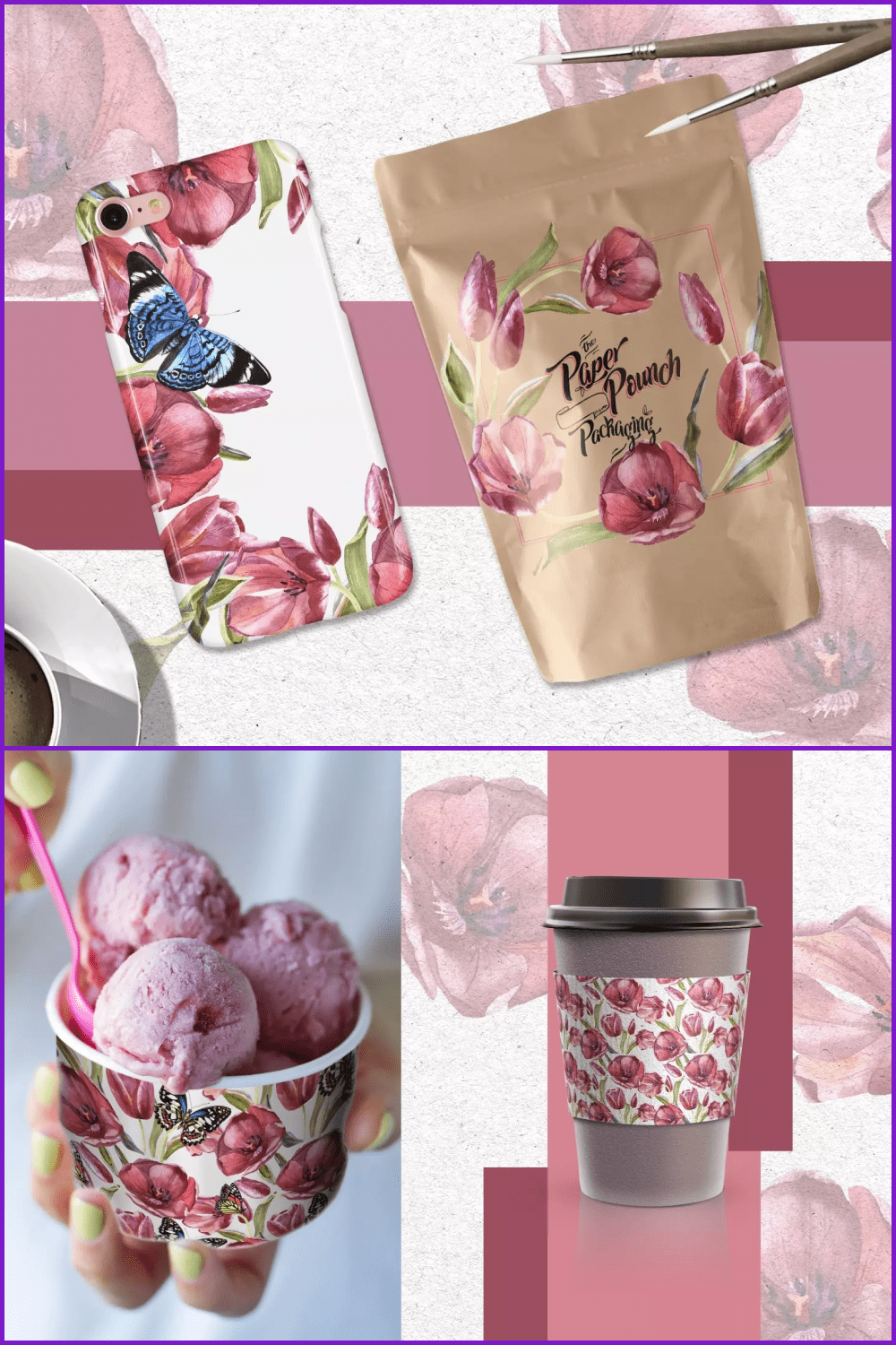Tulip patterns on a phone case, package, ice-cream and coffee cup.