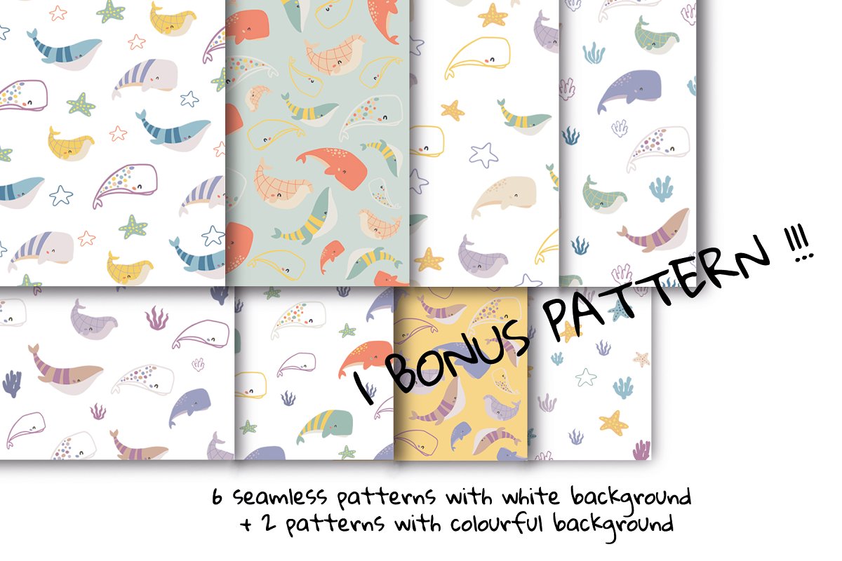This set contains 6 seamless patterns with white background + 2 patterns with colorful background.