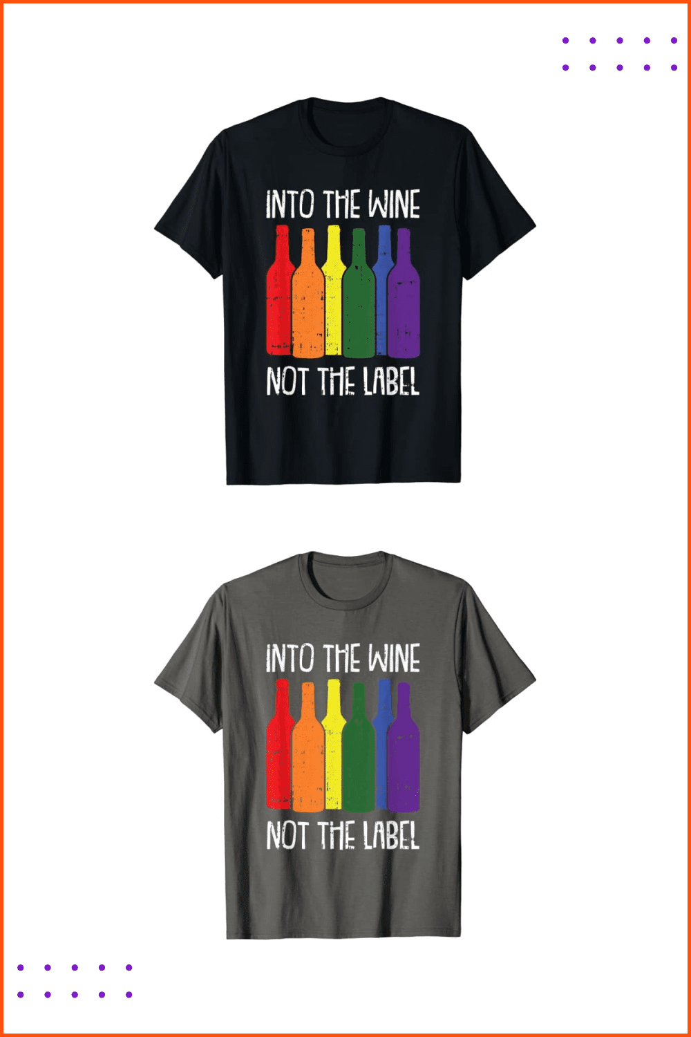 Black t-shirt with bottles of wine in rainbow colors.