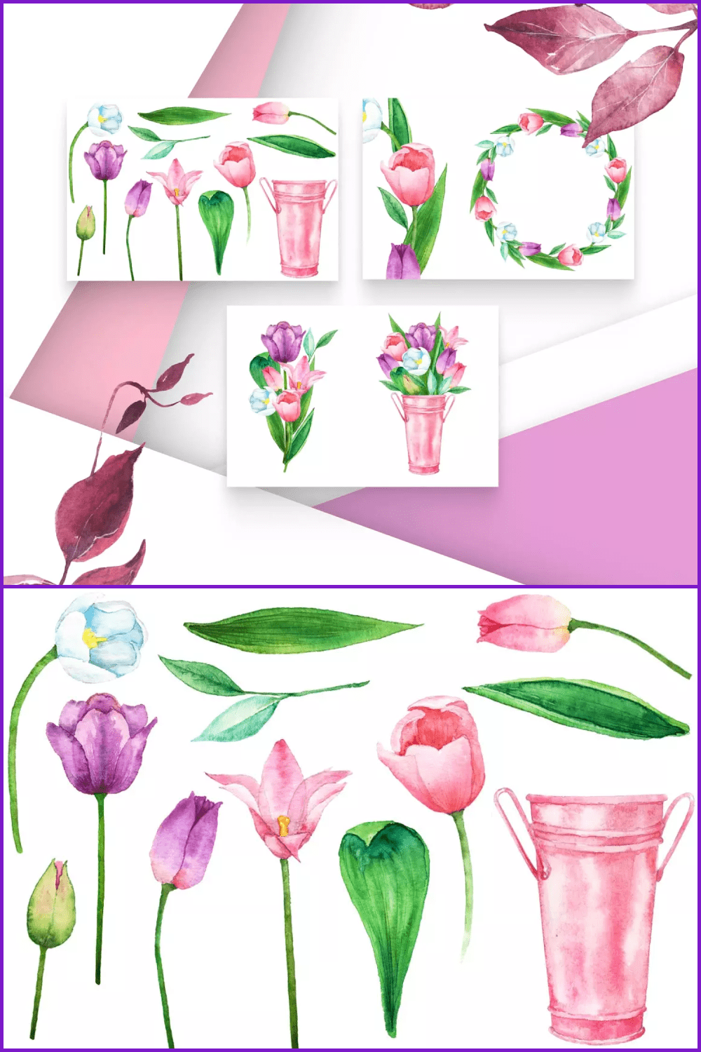 Collage with watercolor tulips.