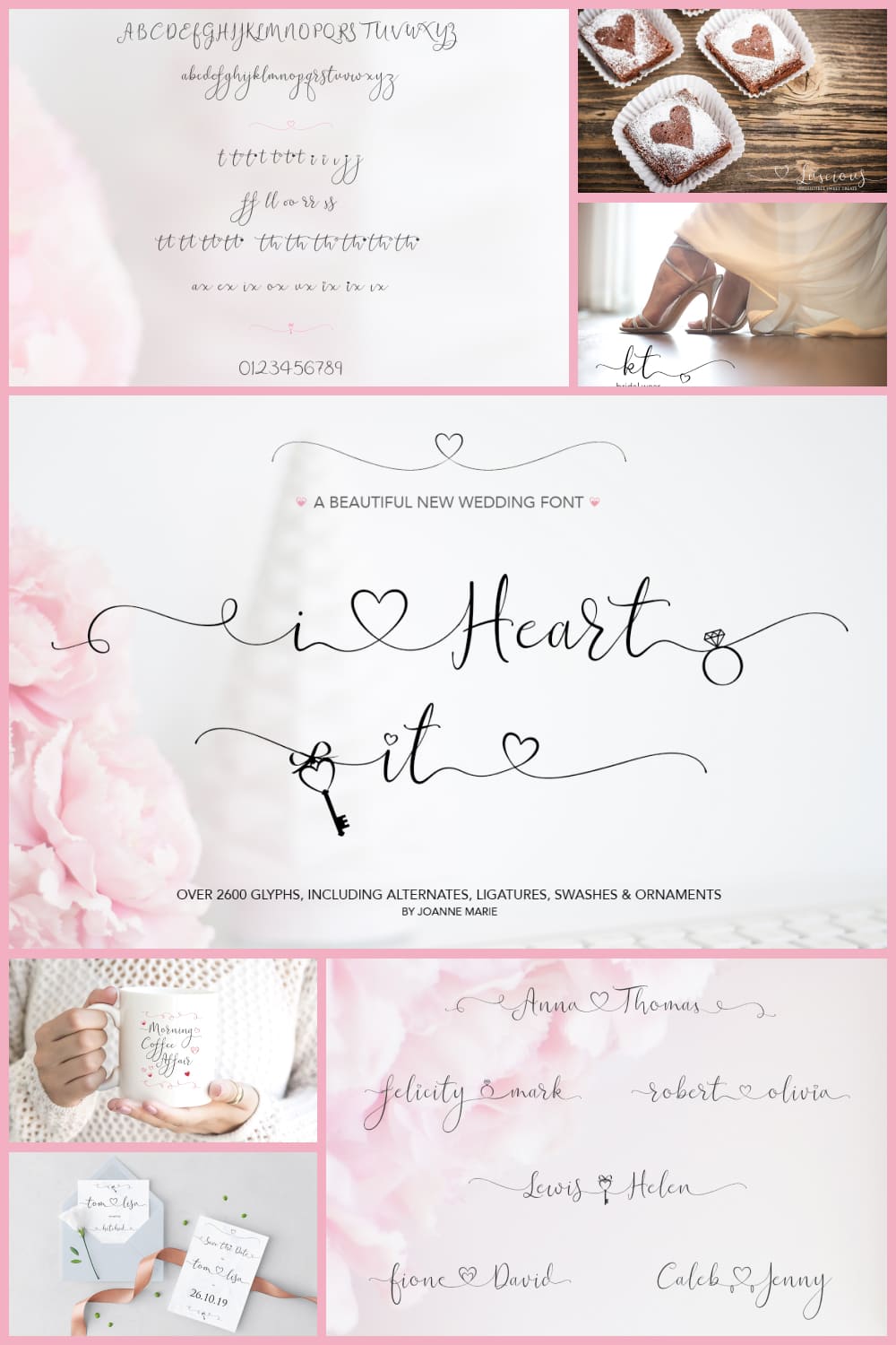 Collage of a sleek beautiful font with hearts on a pink background.