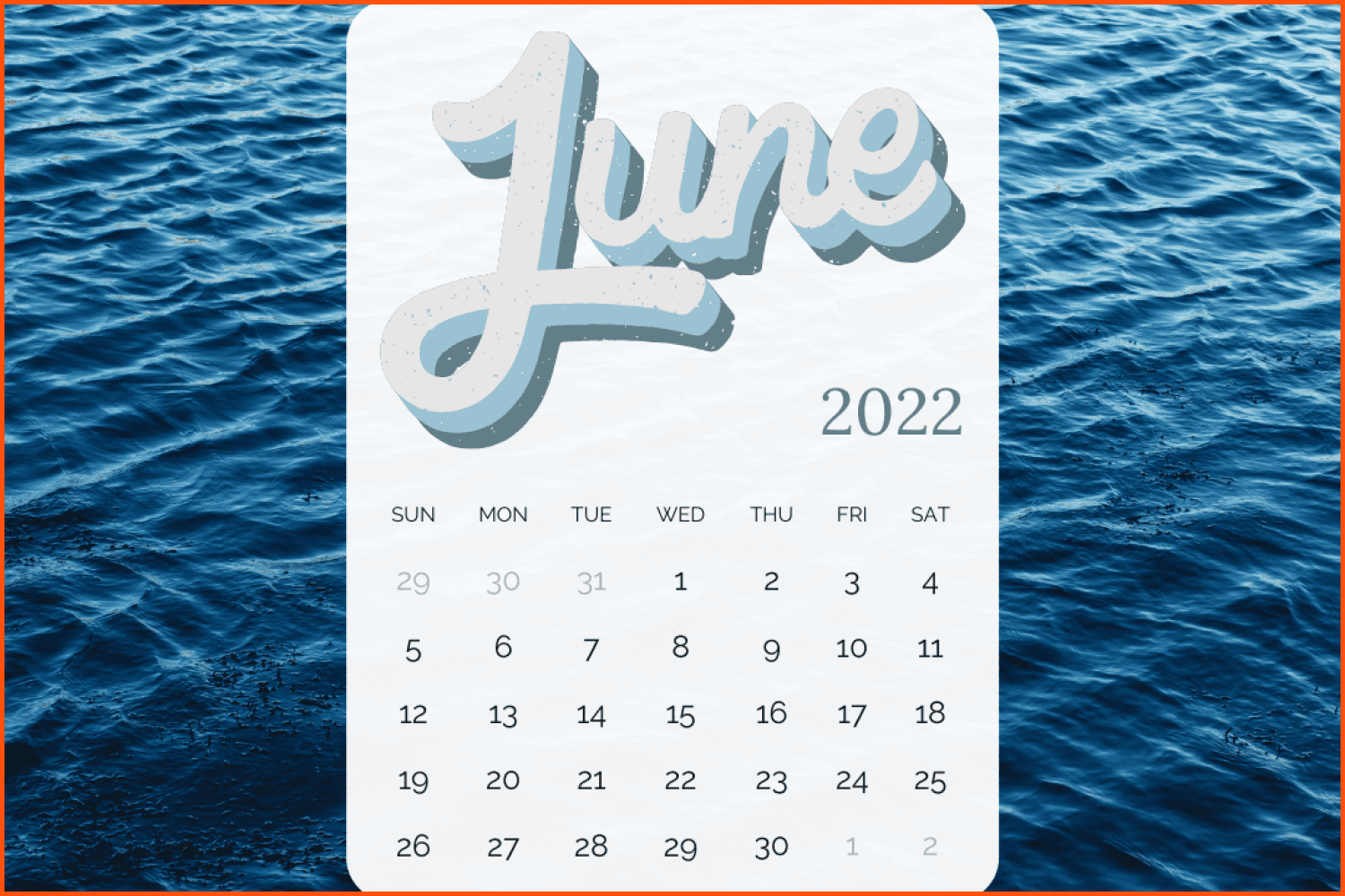 Blue Modern June 2022 Month Calendar.
