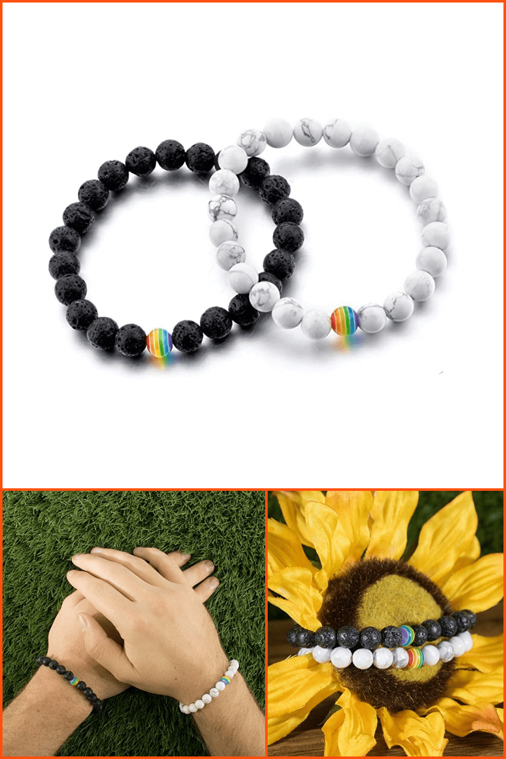 Black and white bracelets with one rainbow ball.