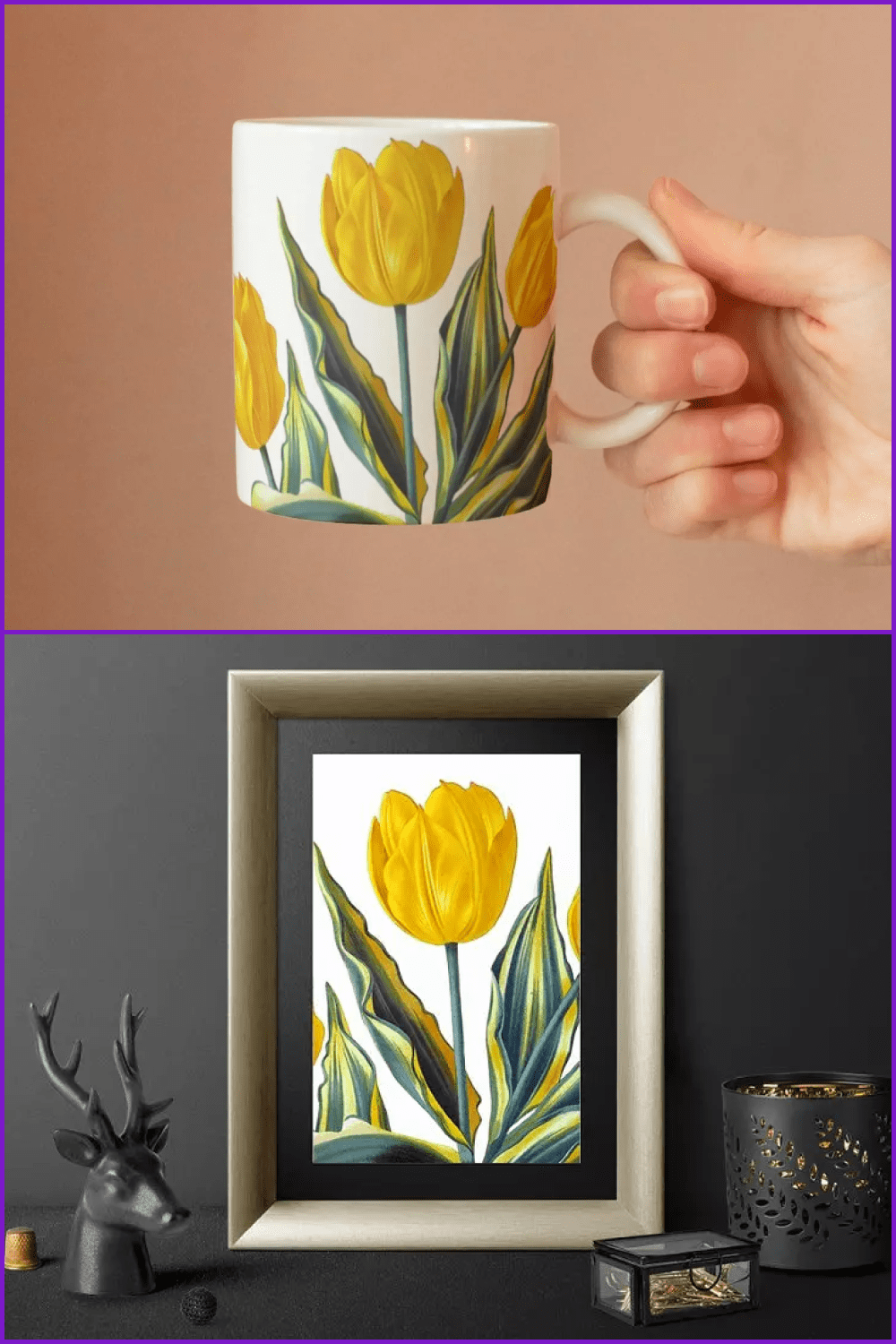 Bright yellow tulip on the cap and in painting.