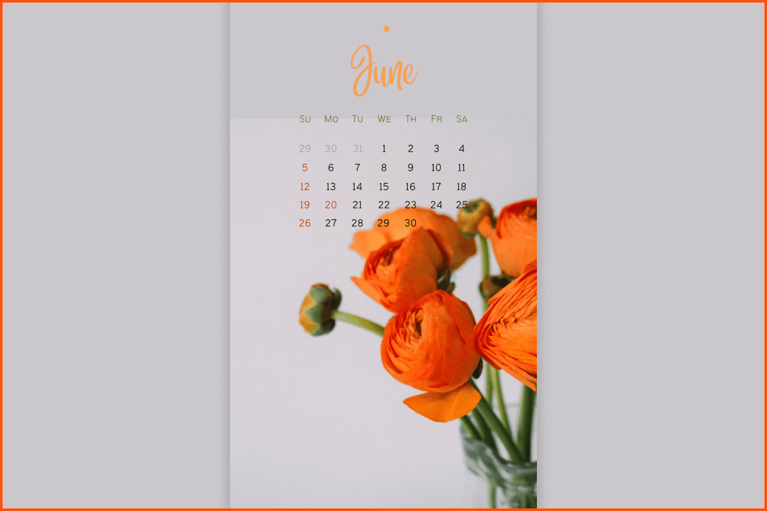 June 2022 Calendar Minimalist White Orange.
