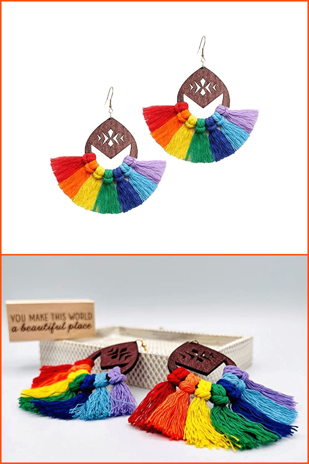 Earrings with weaving in the colors of the rainbow.