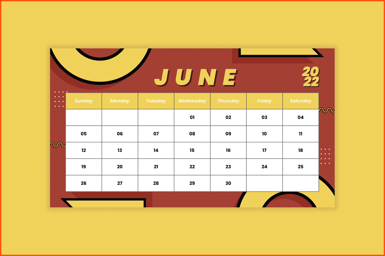 Red Yellow Geometric June Calendar.