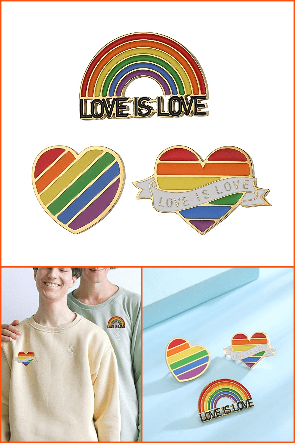 Heart and rainbow pins in rainbow color.