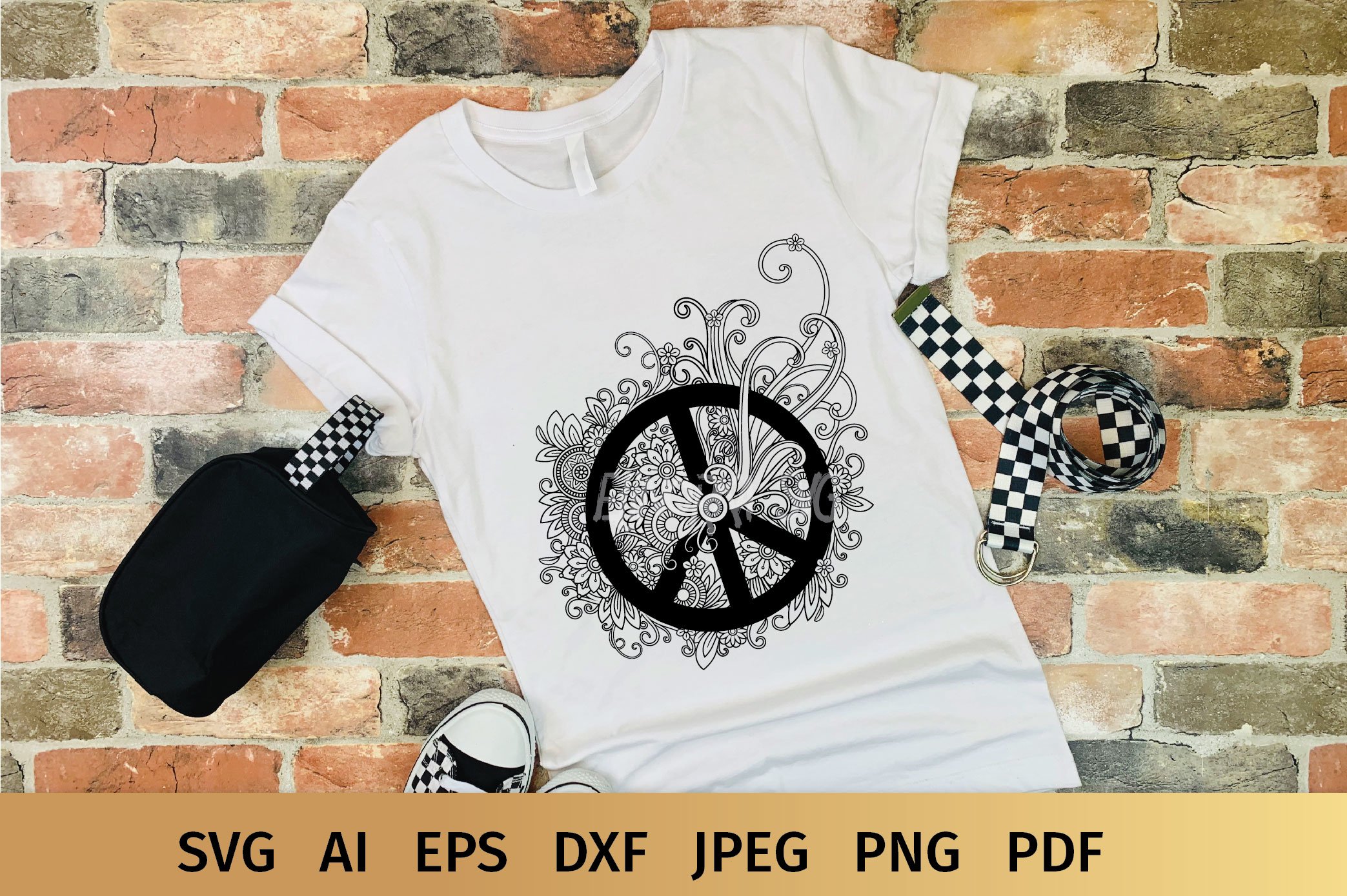 Floral peace symbol on the white t-shirt.