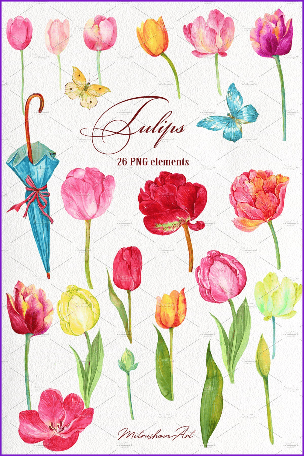 Collage with many different form tulips.