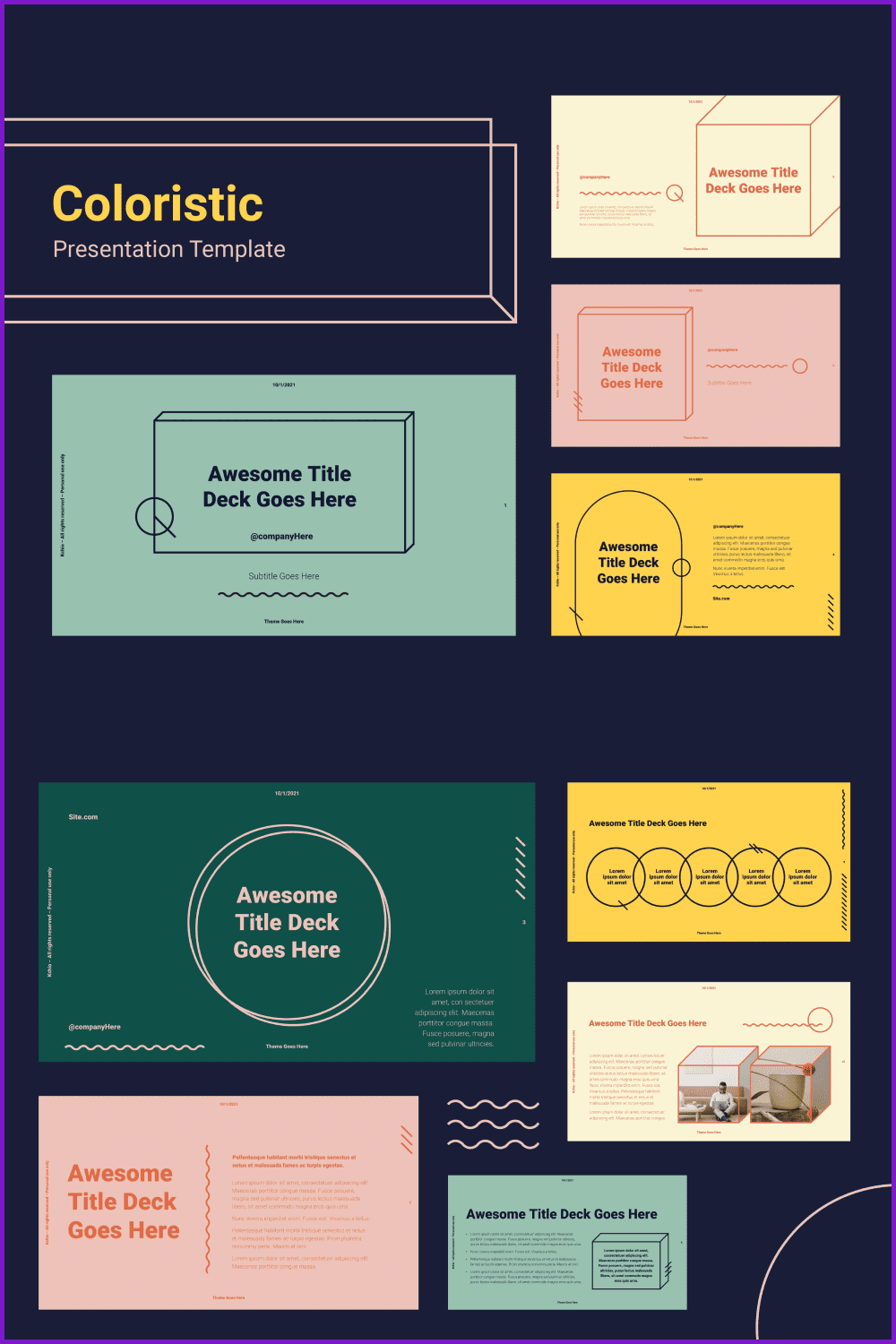 Colorful slides with images, text, charts and media.