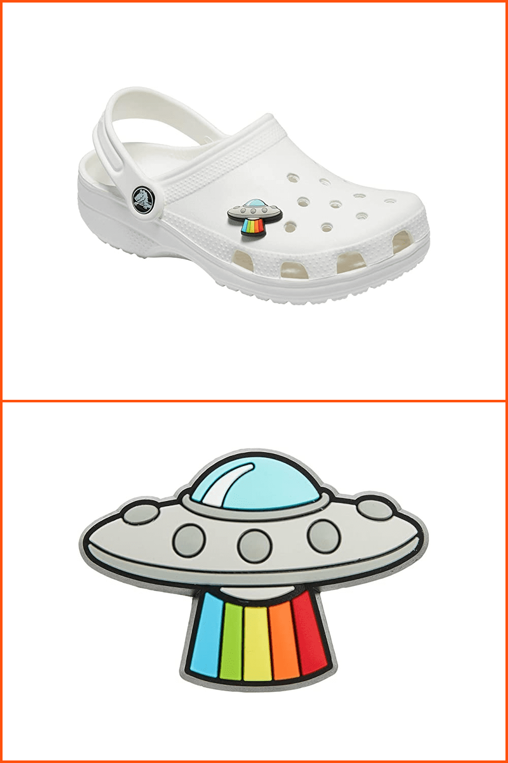 Crocs with pin in form of UFO with rainbow.