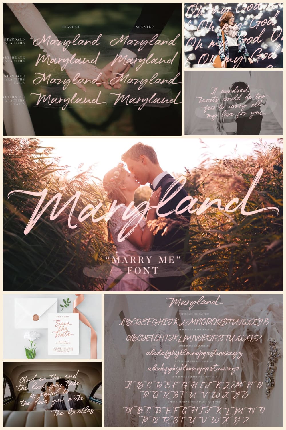 Collage of images of newlyweds with inscriptions.