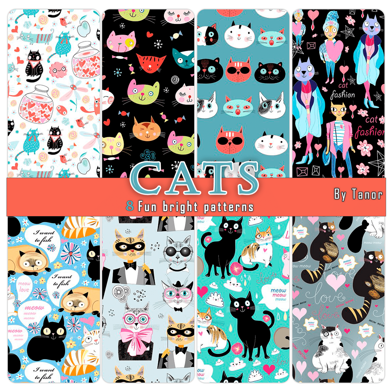 8 Fun bright patterns with cats cover.