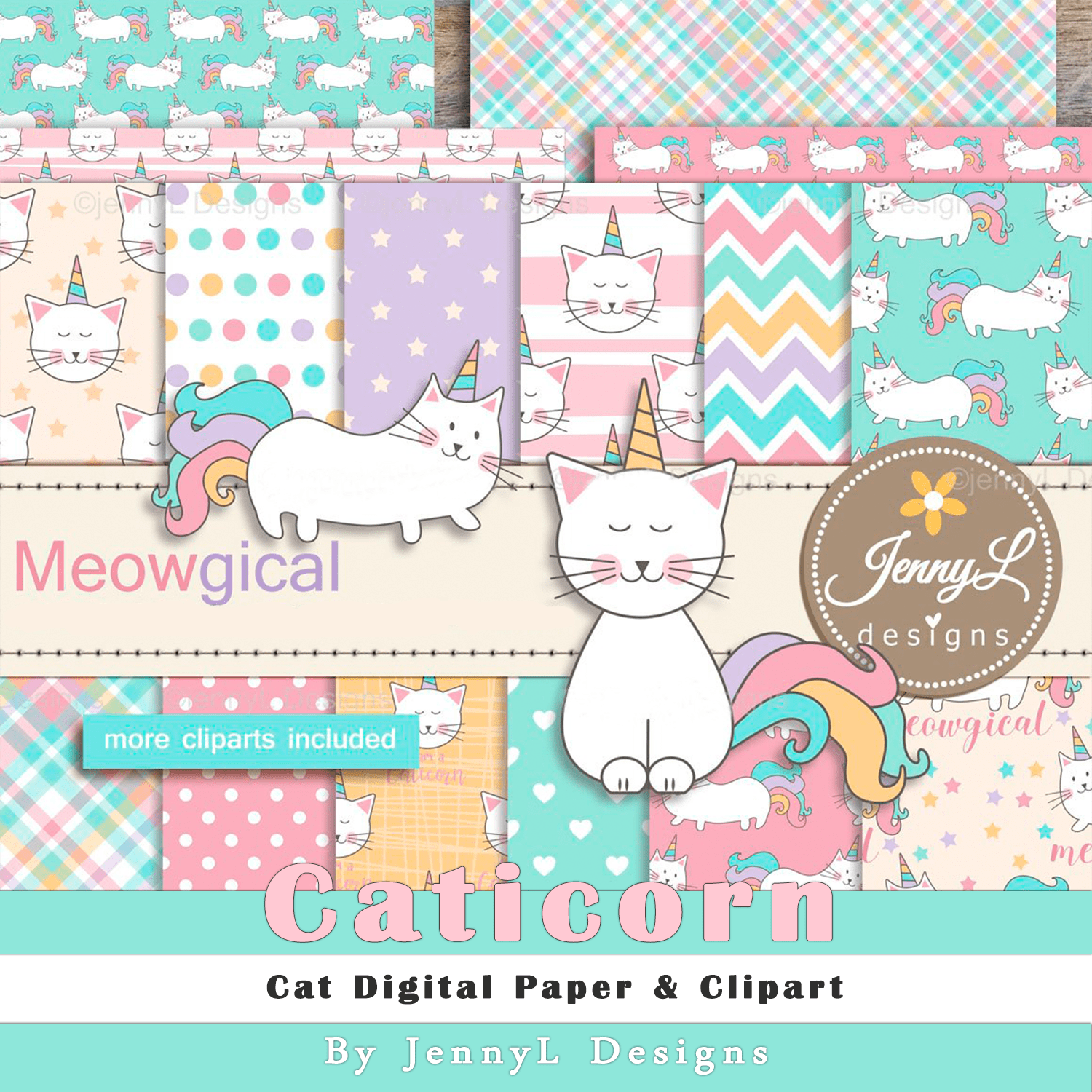 Caticorn Cat Digital Paper & Clipart cover.