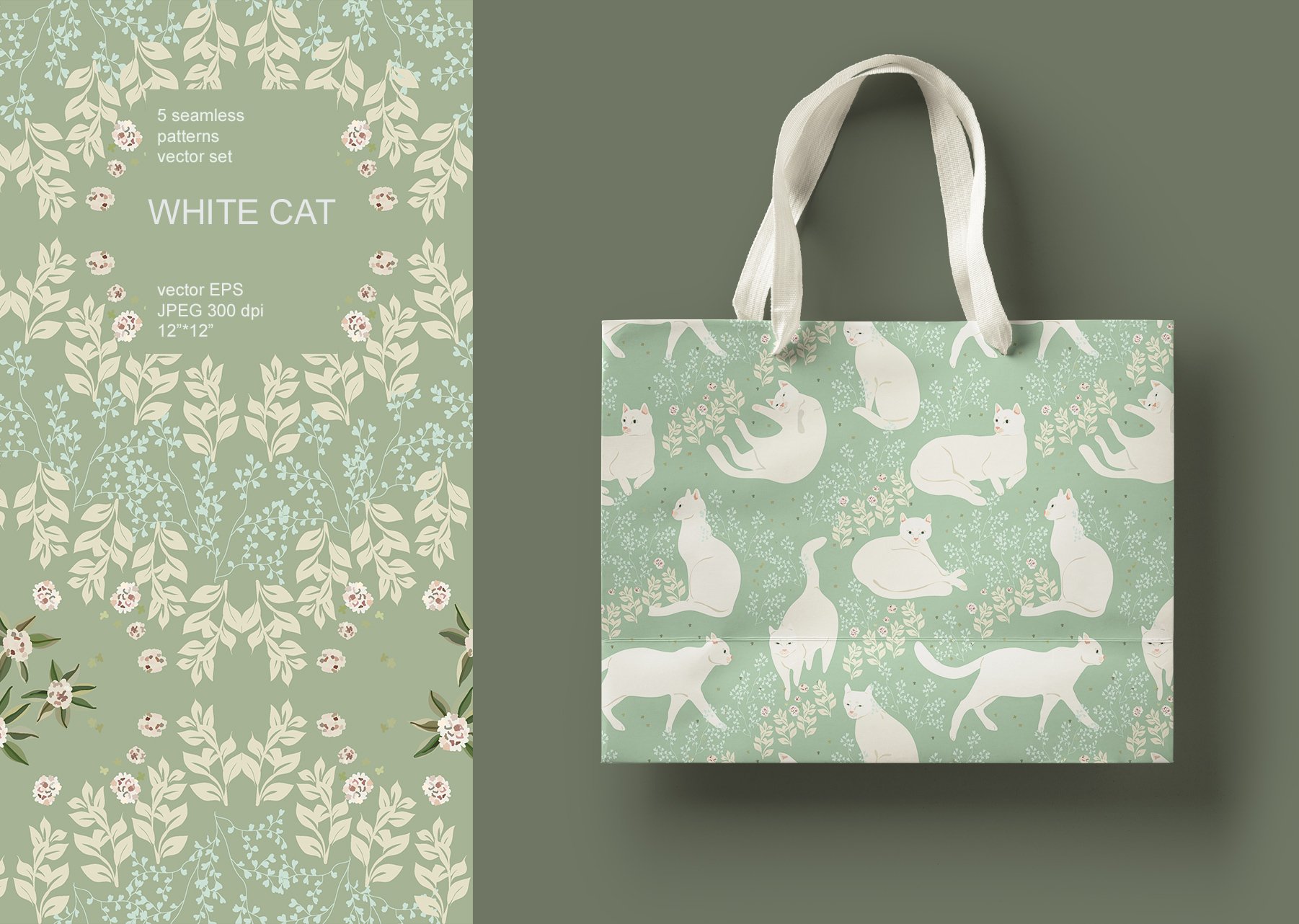 Light green with white cats on the bag.