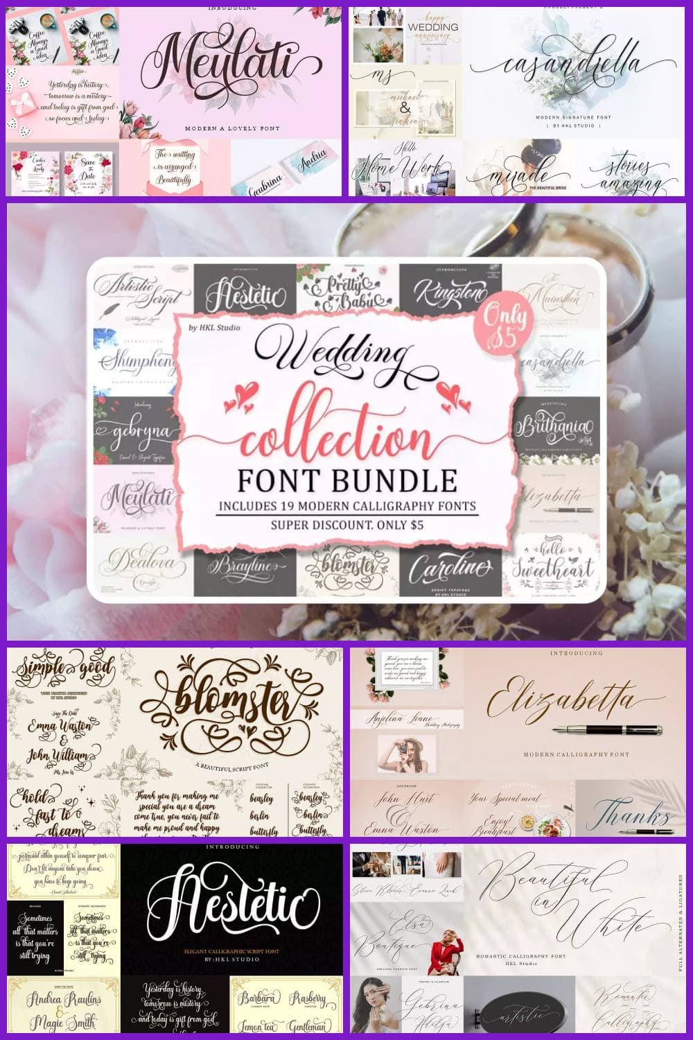 Collage with a beautiful handwritten calligraphy fonts for weddings.