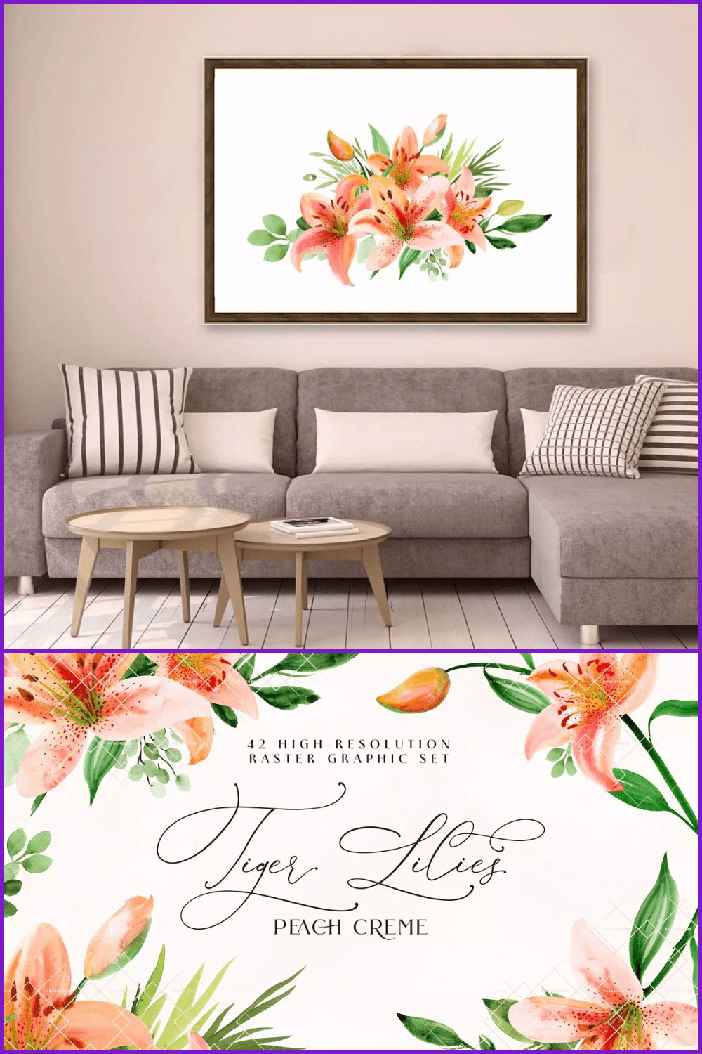 Painting with tiger lilies in interior.