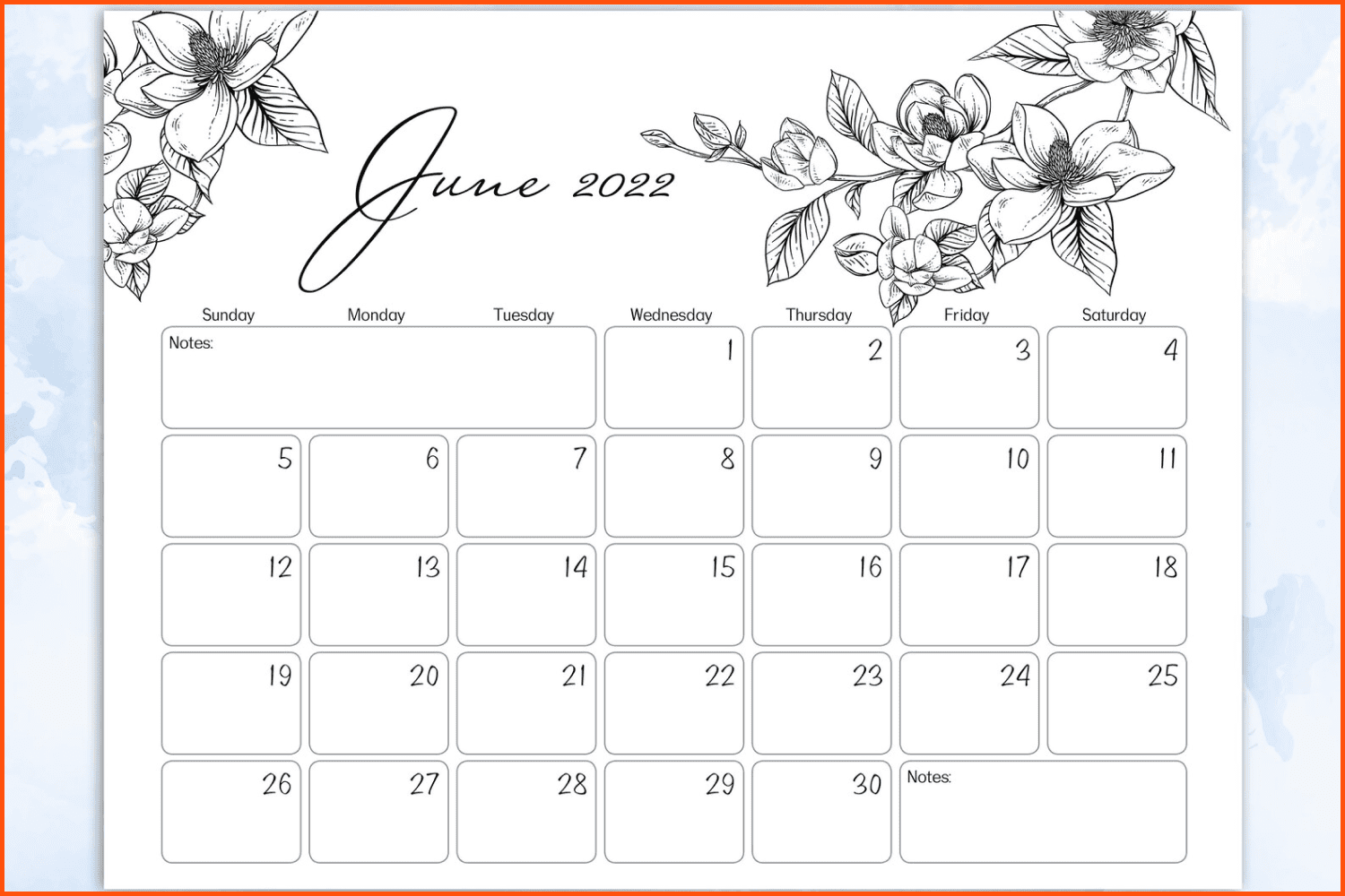 Black & White Magnolia flower drawings Calendar.