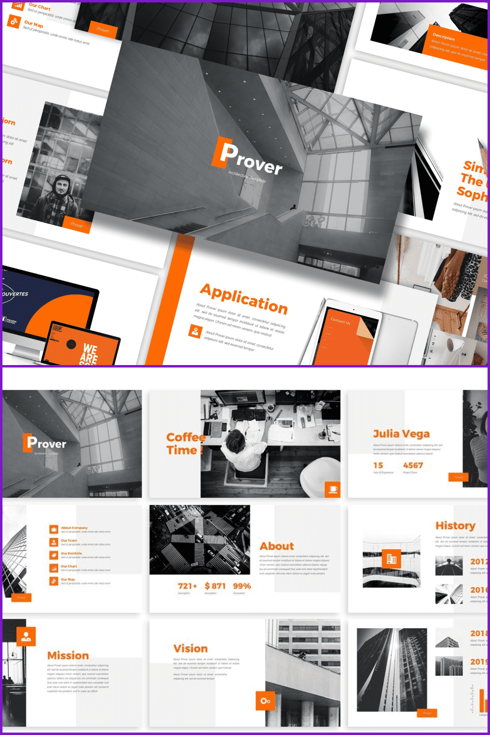 Slides of clear and modern template with orange accents.