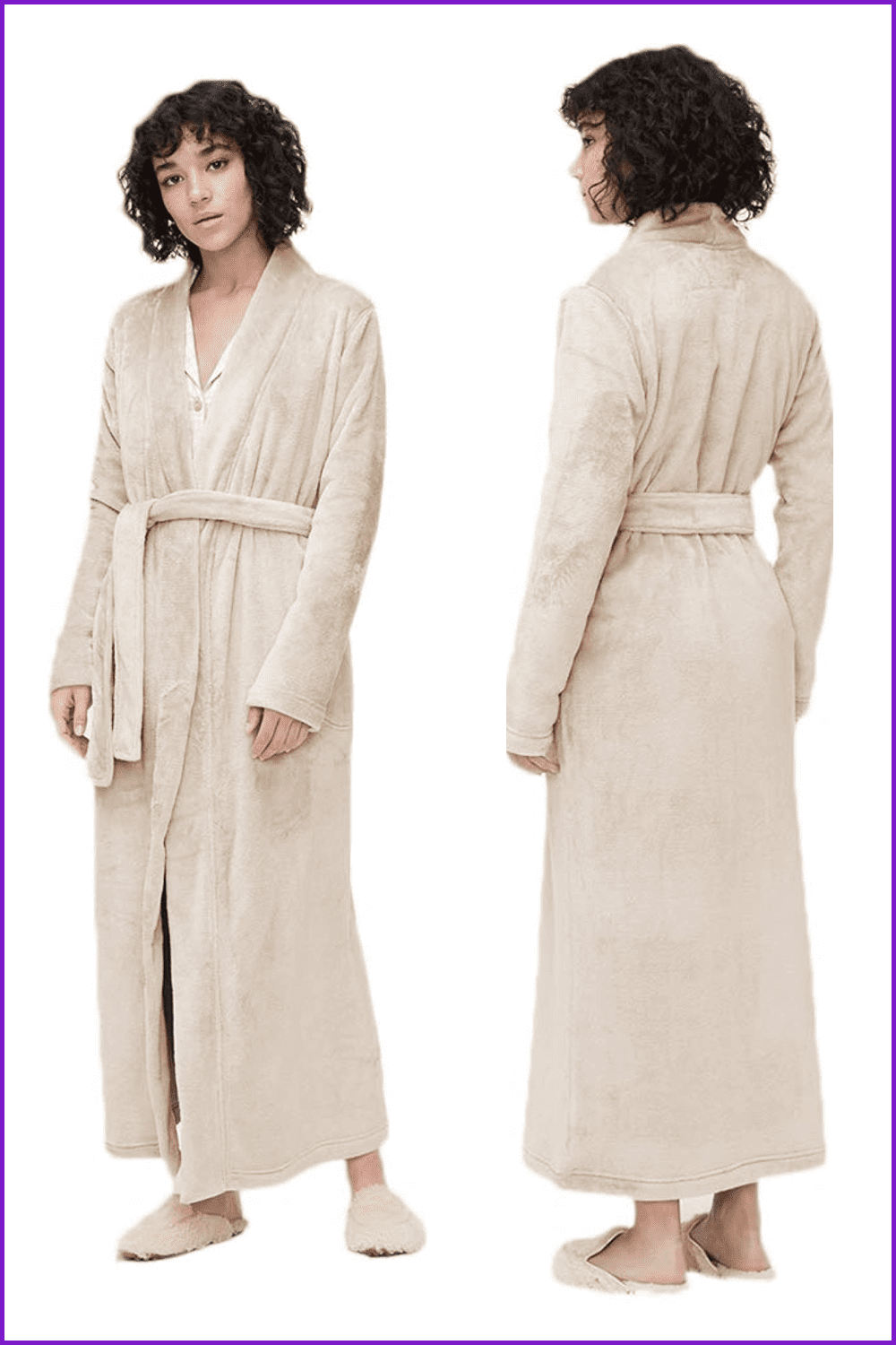 Woman in a beige marlow robe.