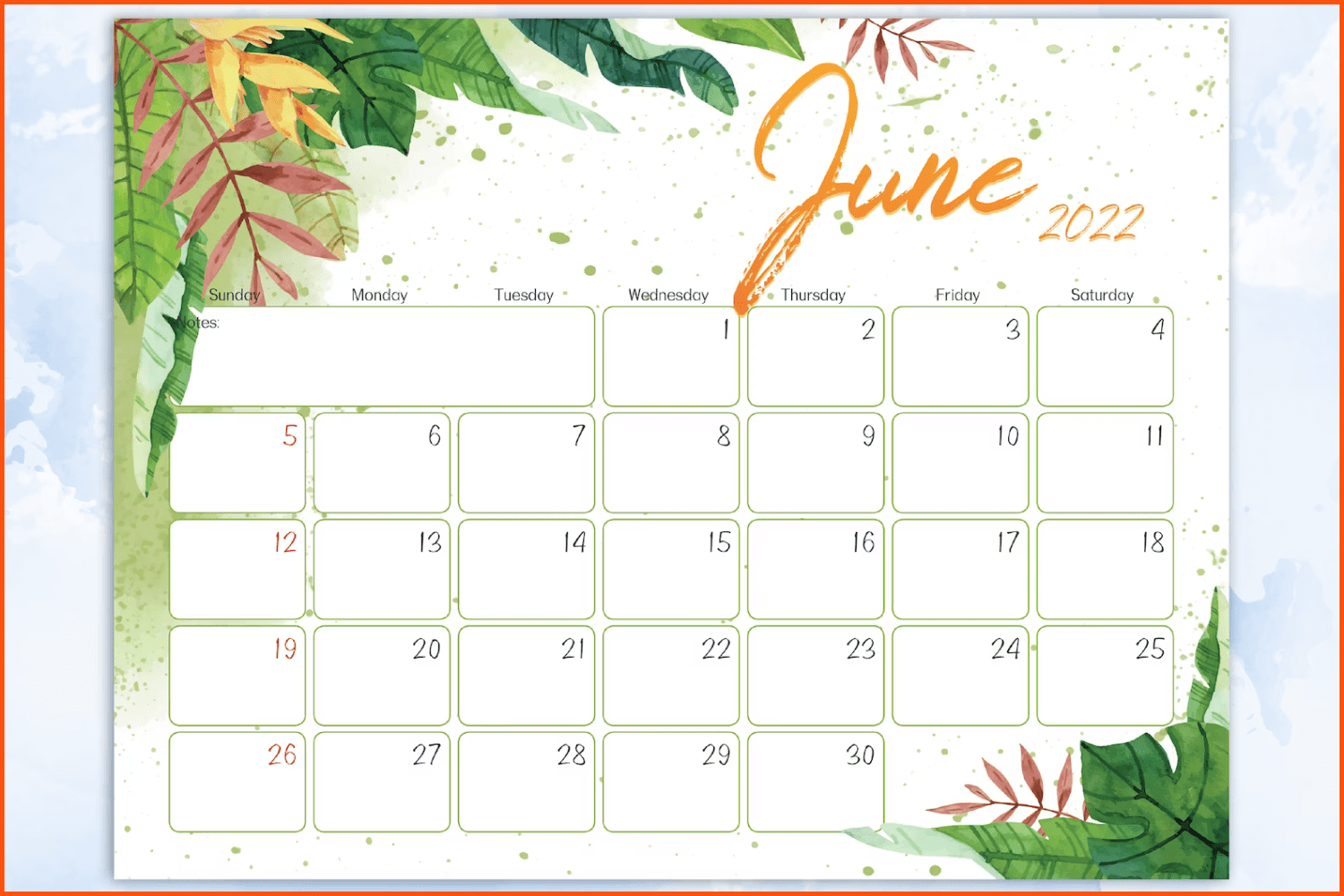 Editable June calendar 2022.
