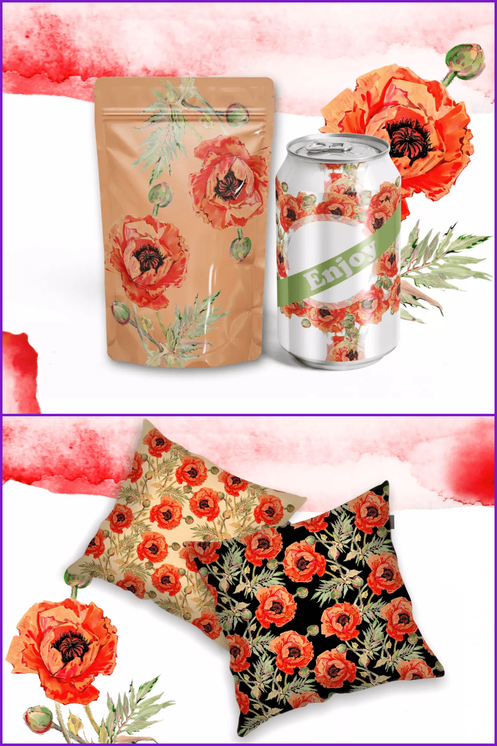 Bright red flowers on the can, package and pillows.