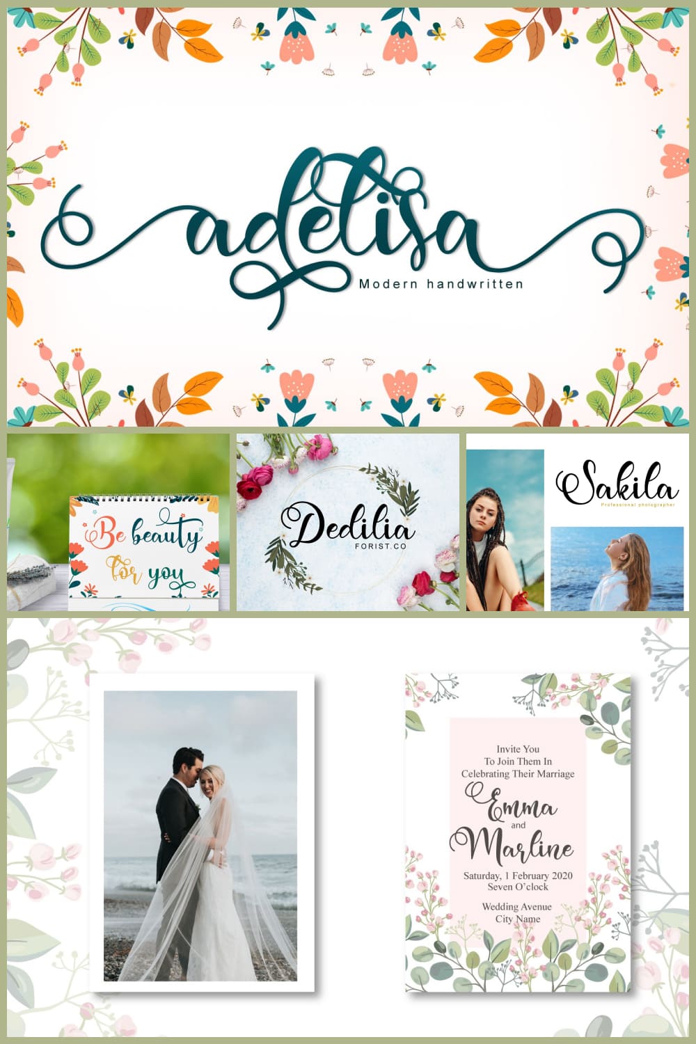 Collage of wedding cards and photos.