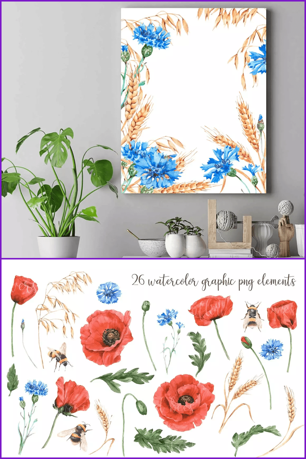 Collage with paintings of cornflowers and red poppies.