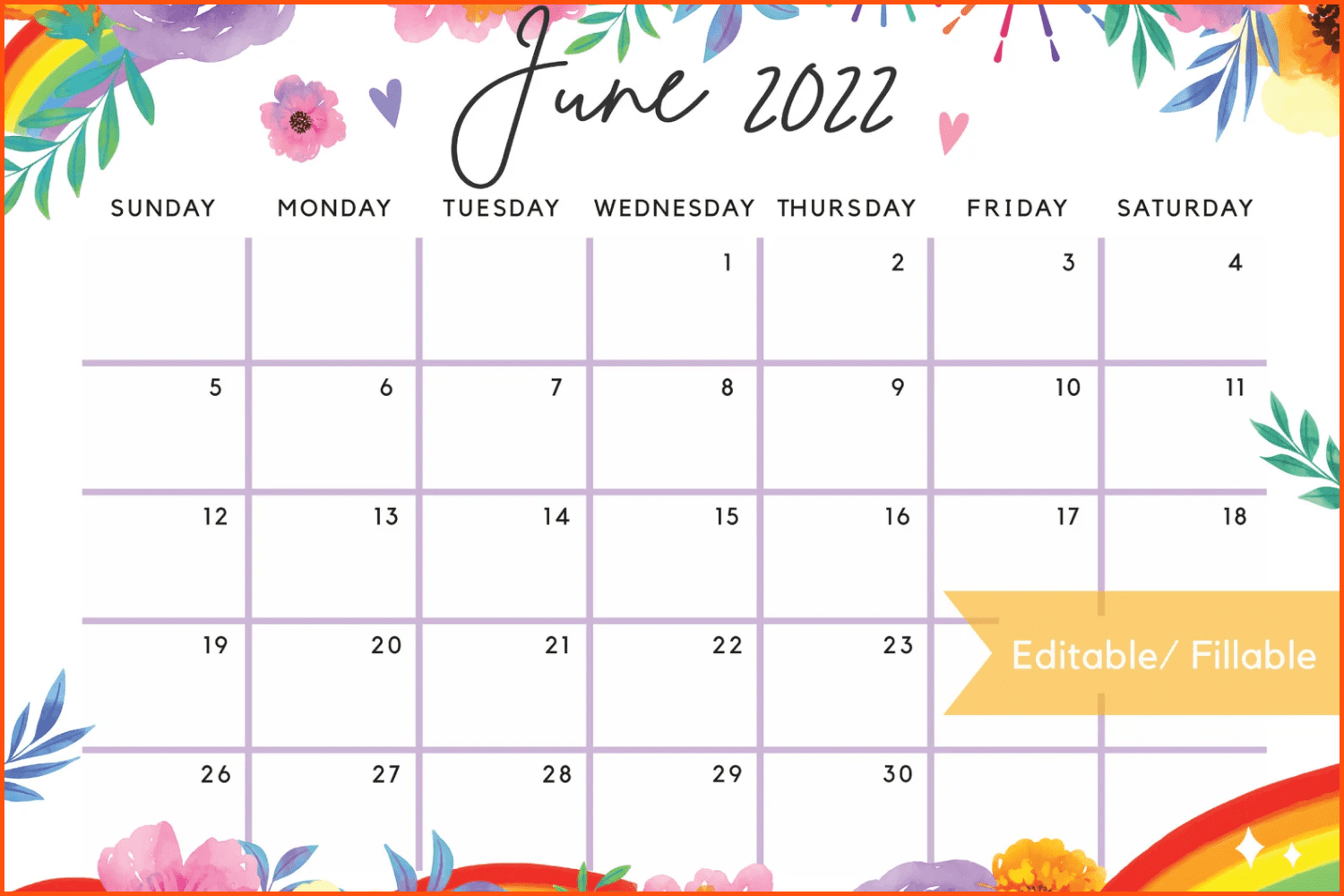 June 2022 Calendar, Sweet & Colorful Pride Month.