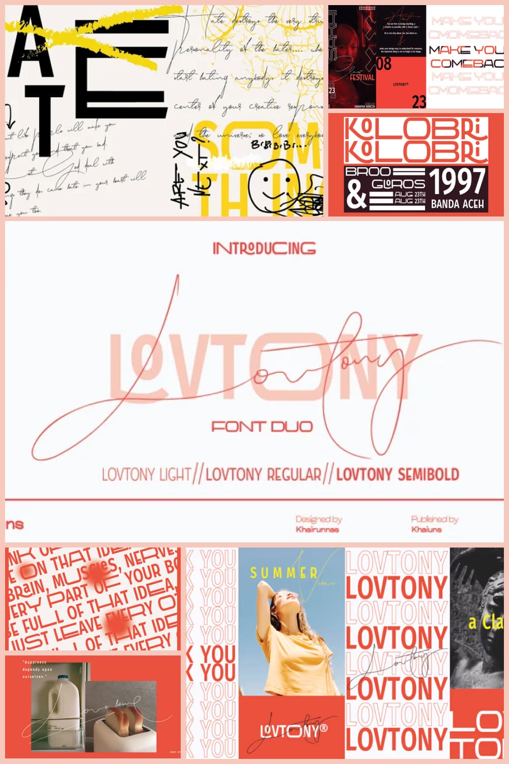 Collage of images with Lovtony font.