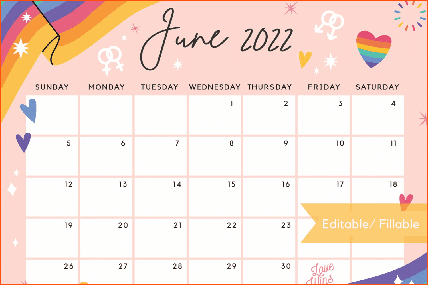 Colorful Summer Rainbow and Heart Printable Calendar.