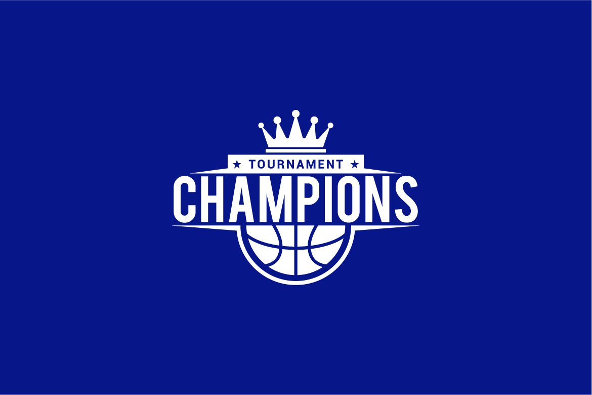 Blue background with a white basketball logo for a championship.