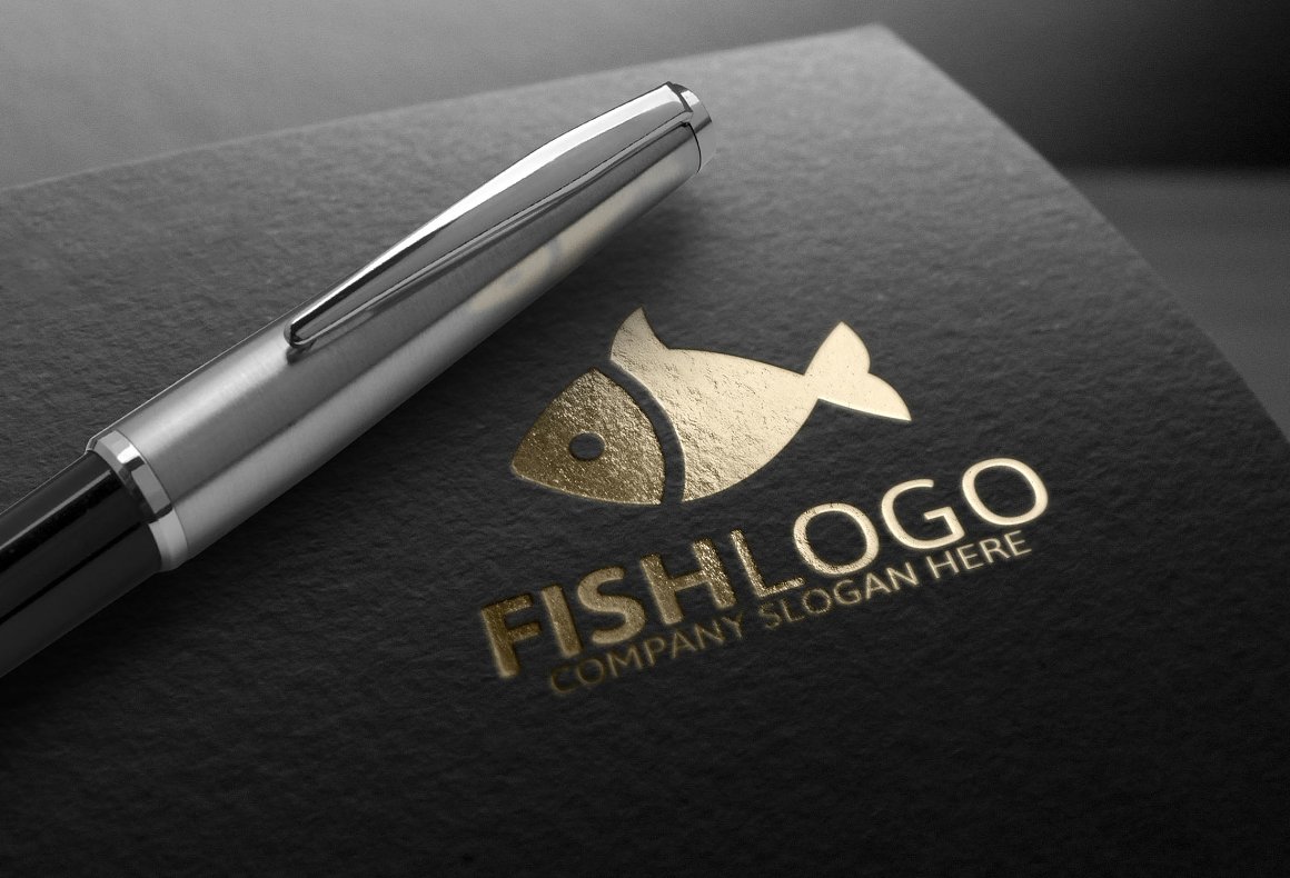 Black matte background with a gold fish logo.