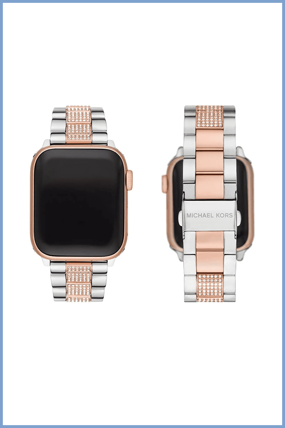 Apple watch with luxury silver and gold band.