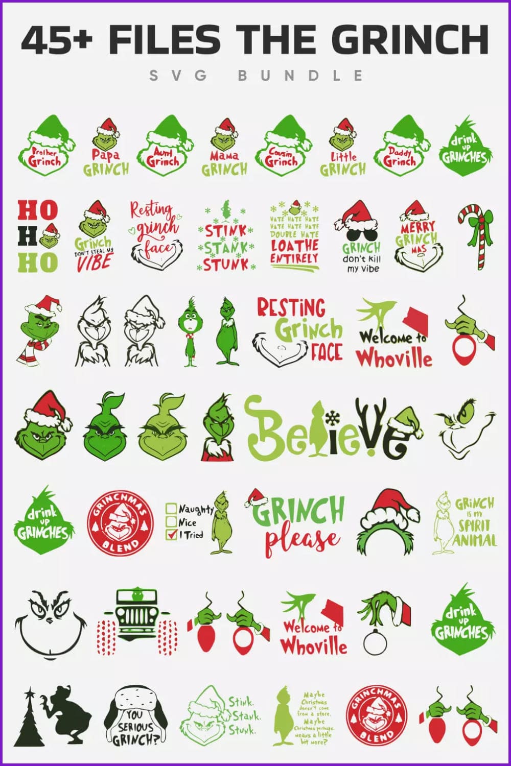 Grinch images in gren black and red colors.