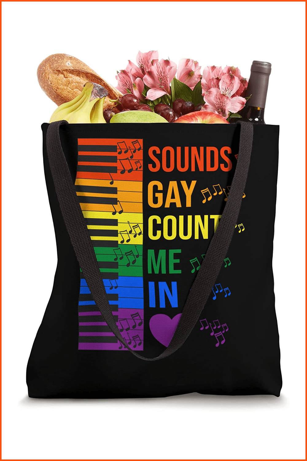 Black bag with Keyboard of Piano in rainbow colors.