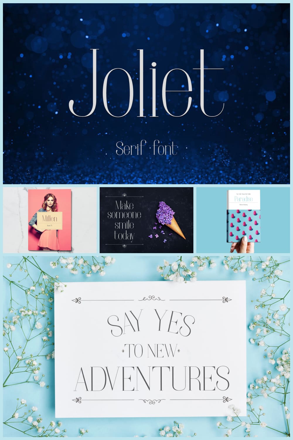 Collage of font examples on starry and floral backgrounds.