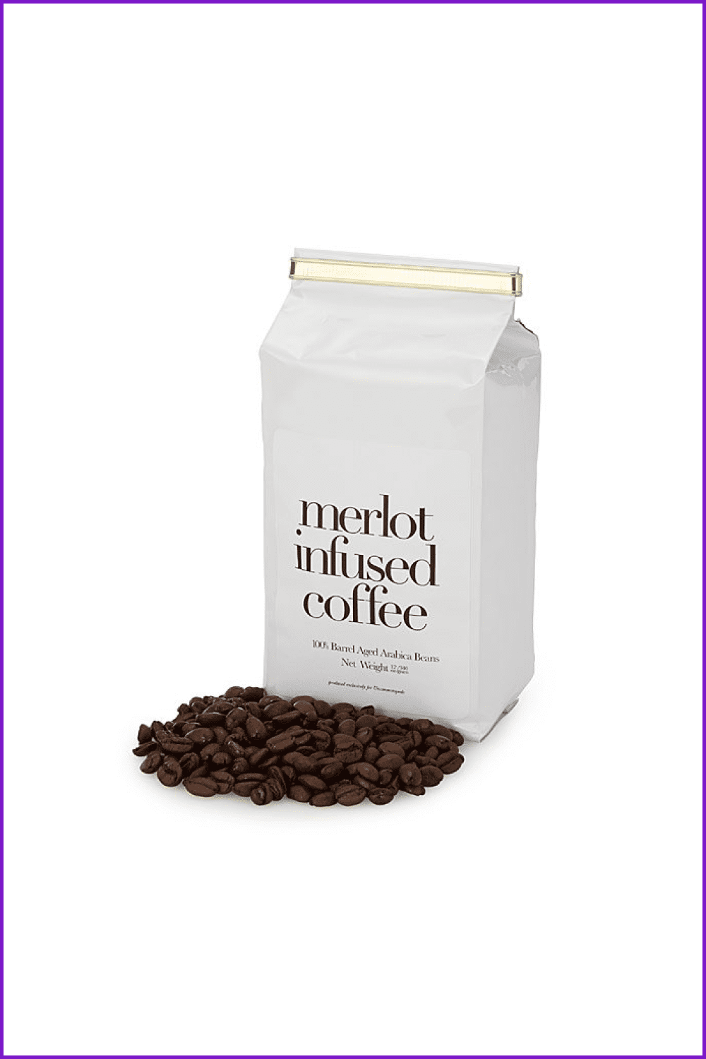 White package with coffee beans near it.