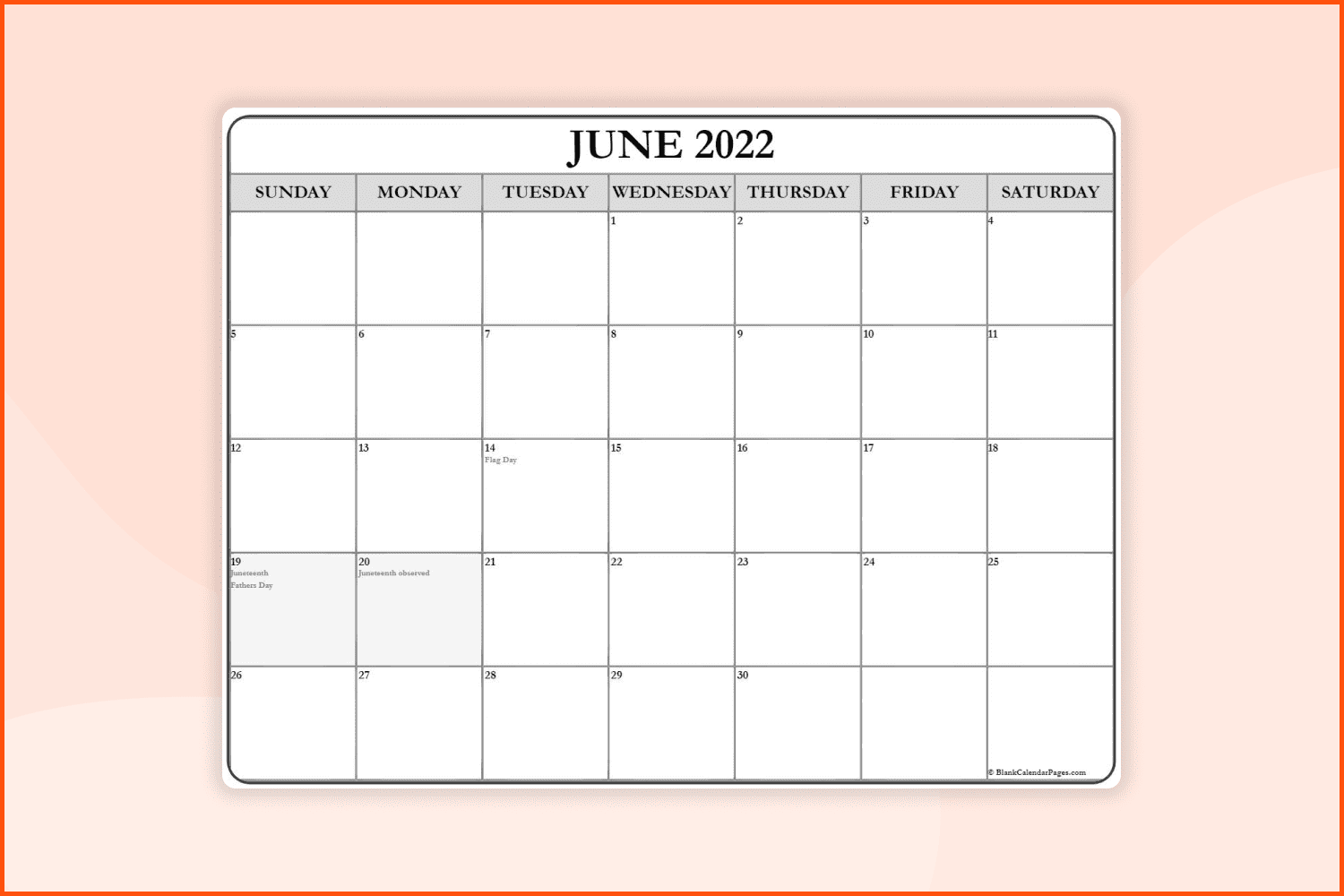 June 2022 With USA Holidays Calendar.
