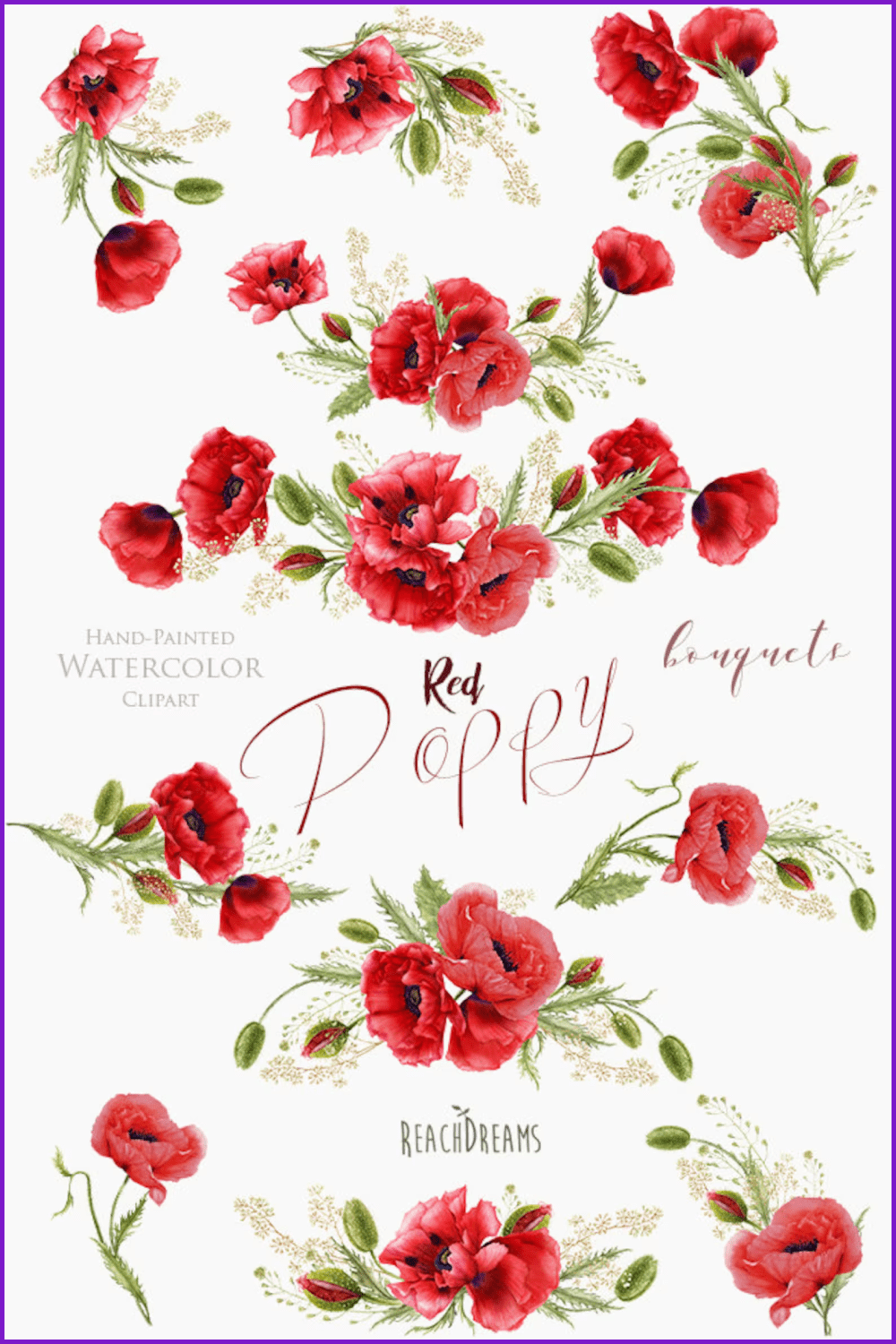 Detailed hand-painted watercolor floral bouquets.