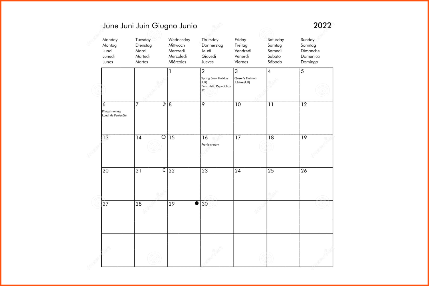 Year 2022 June international calendar with holidays.