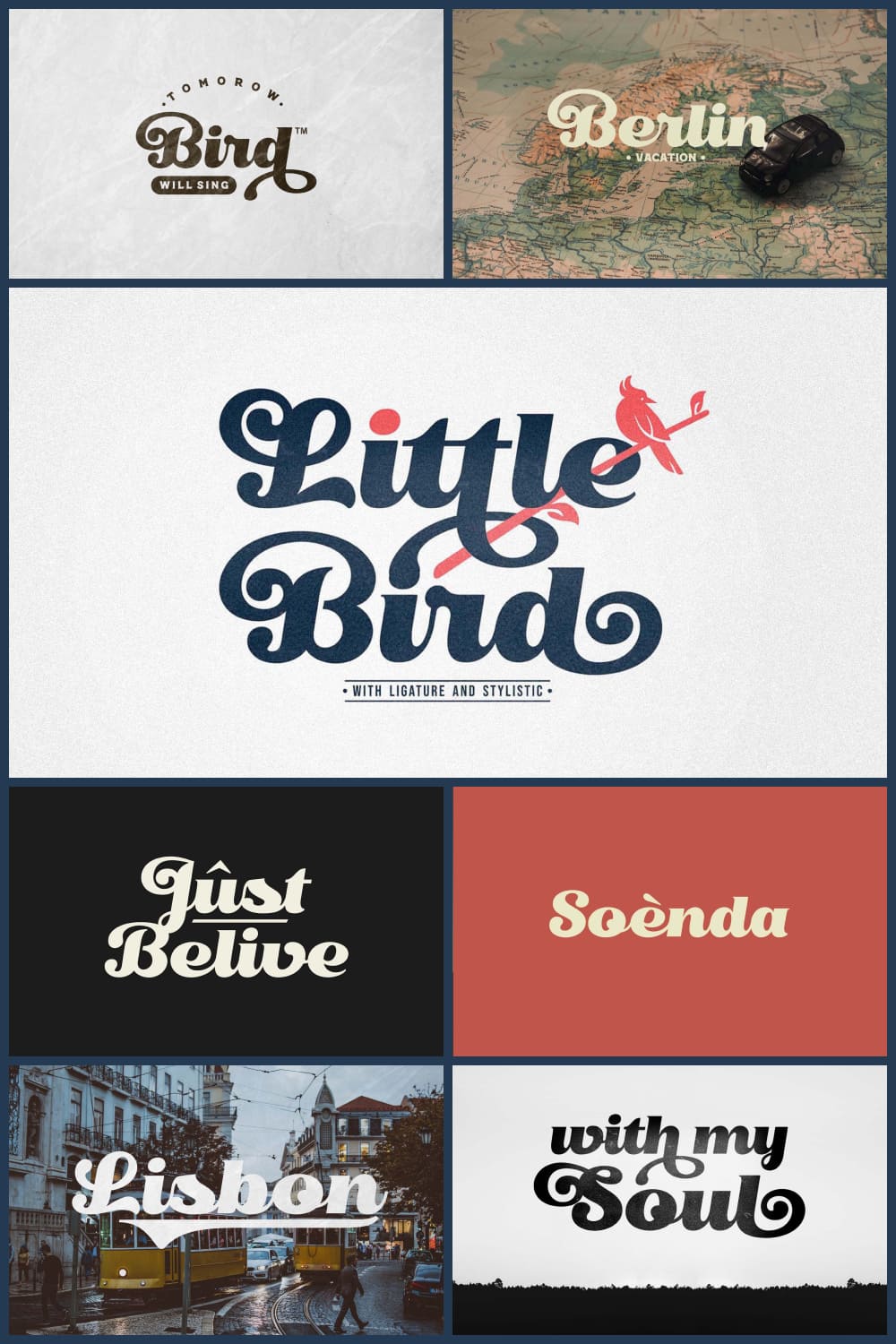 Little Bird Font examples on different backgrounds.