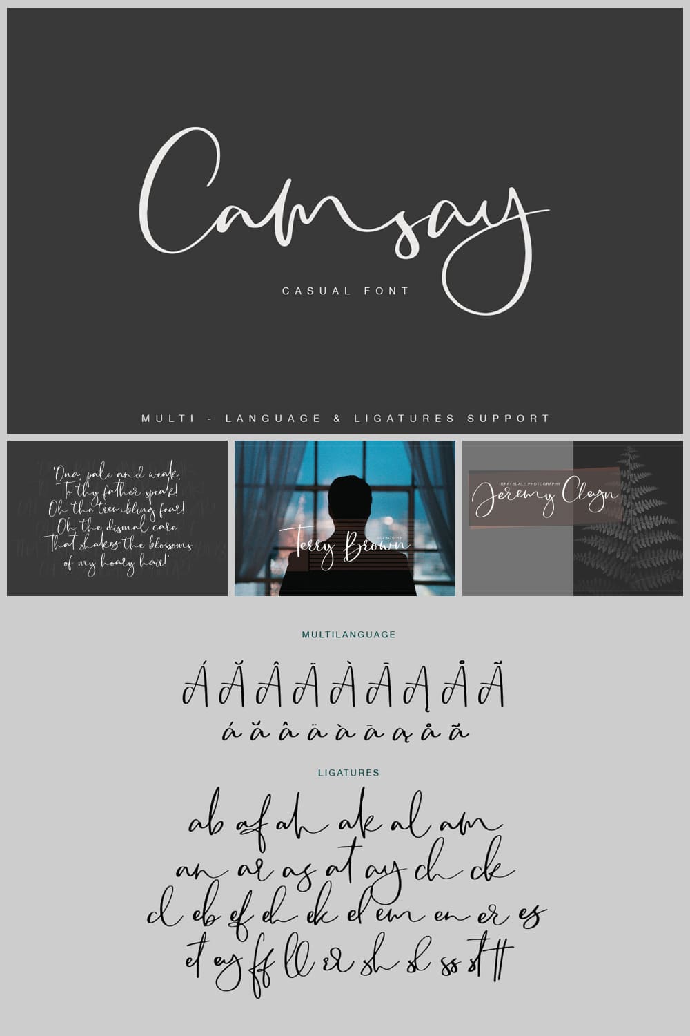 Handwritten elegant font on dark and light backgrounds.