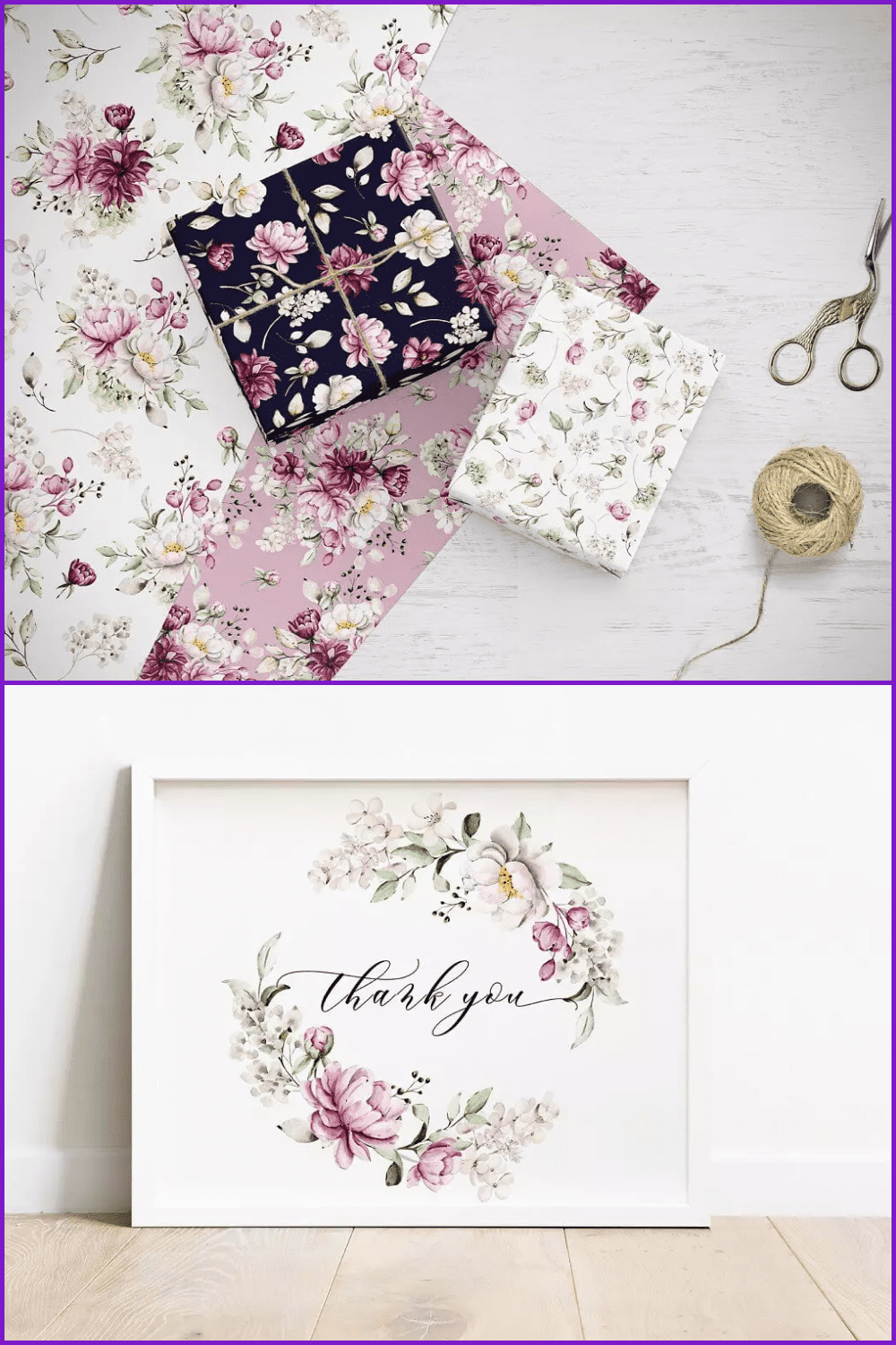 Tender peonies patterns on the painting and on the presents.