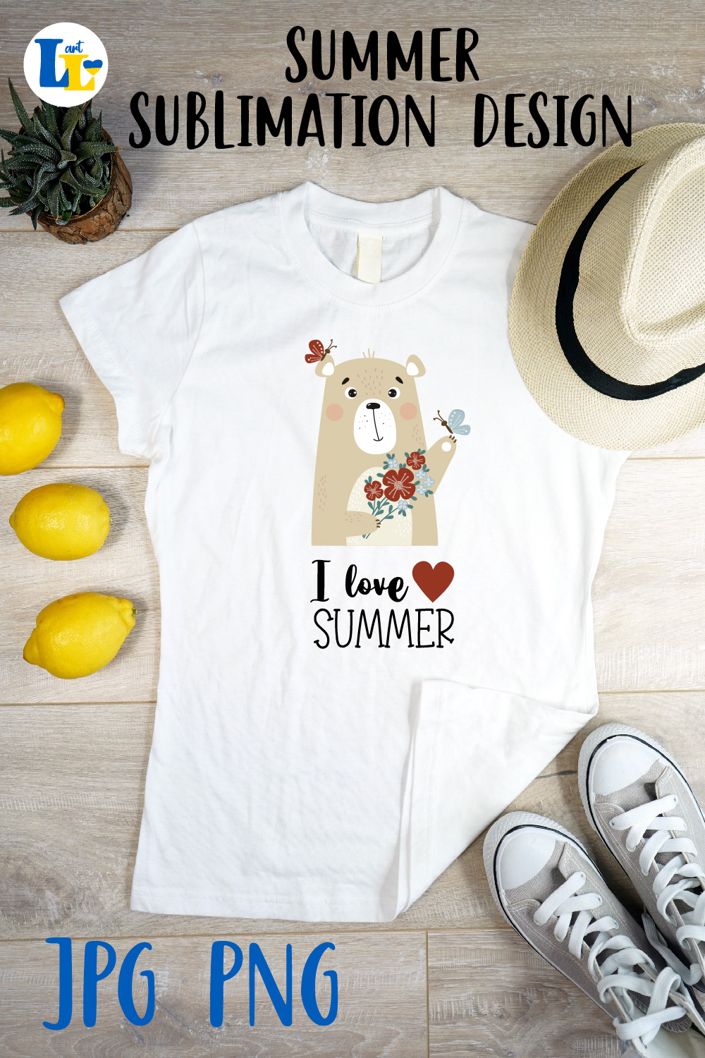 I Love Summer Cute Bear Summer Sublimation Design Pinterest Image.
